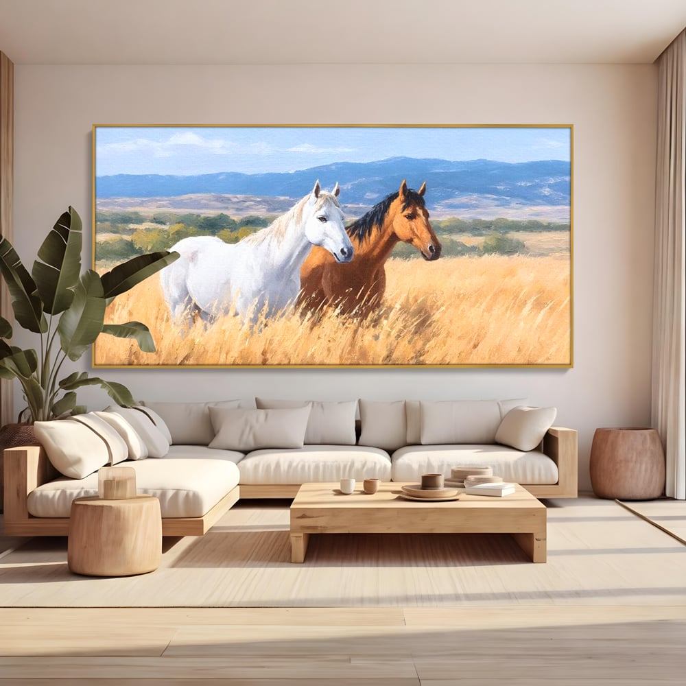 Tablou canvas cu tablou canvas cu doi cai in lan, in rama de aluminiu auriu, pe perete intr-un living